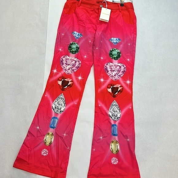 Dolls kill HUDIEGONGZHU Hot Pink DIAMOND PRINT Y2K Mariah PANTS women’s large - Picture 8 of 8